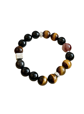 天然黑曜石黄虎眼红铜发晶手串