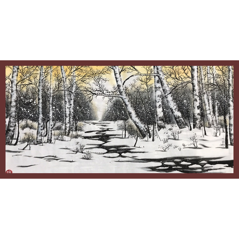 手工绘制风景画森林现代艺术画横幅装饰画四尺白桦林雪景国画定制