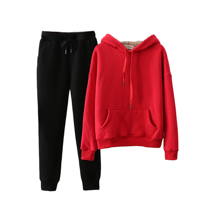 加绒加厚运动套装女宽松卫衣两件