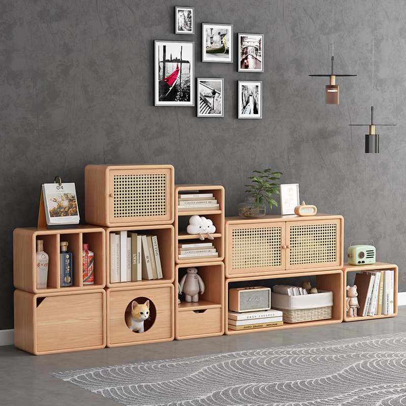实木小柜子储物柜客厅自由组合格子柜书架带柜门书柜落地置物柜