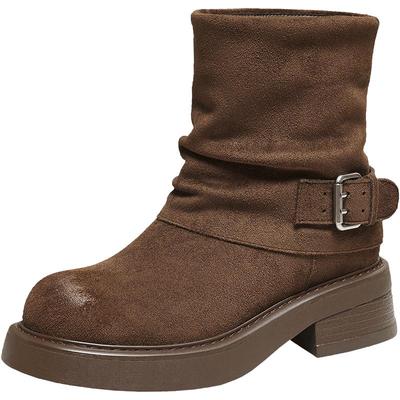 百思图2025冬季新款时尚绒面圆头粗跟西部堆堆靴女短靴W0103DZ5