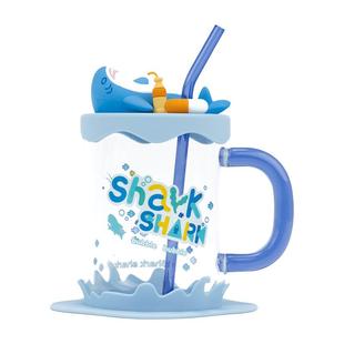 极想大容量玻璃杯水杯家用带盖吸管杯男女卡通马克杯办公室大鲨杯