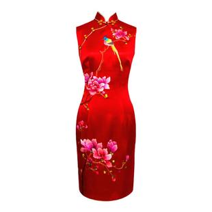 品尚华服重磅桑蚕丝量身定制绣花中长款结婚红色旗袍短款敬酒服夏