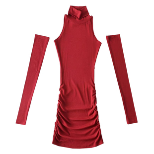 YoungGirlDay纯欲风性感高领紧身显瘦袖套褶皱打底连衣裙包臀短裙