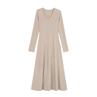 MULVAN 摩登律动 气质v领长袖连衣裙女修身内搭垂感打底针织长裙