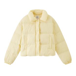 三福黄色羽绒服2025新款冬季简约翻领保暖泡芙短款外套女装512978