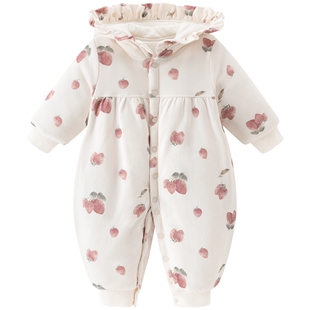 乖奇熊女宝宝夹棉连体衣冬季保暖加厚婴幼儿连帽哈衣爬服可爱超萌