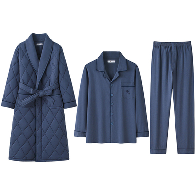 男士纯棉夹棉保暖三层三件套睡衣