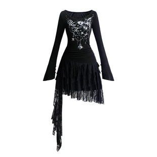 【25年秋】UNIFREEPLUS大码黑色长袖连衣裙女U领收腰蕾丝拼接裙子