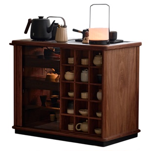 晨时茶水柜茶台办公室实木移动客厅黑胡桃木储物柜边几新中式