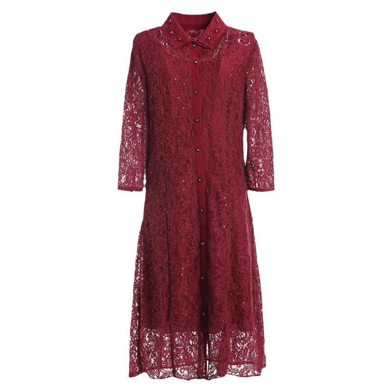 乔万尼蕾丝绣花红装宴会礼服七分袖连衣裙女