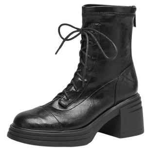 星期六2025新款英伦风系带马丁靴女粗跟短靴圆头机车靴黑色时装靴