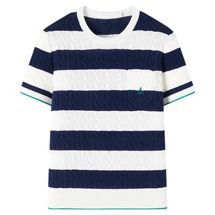 Navigare意大利小帆船短袖条纹针织衫女夏季新款修身圆领海魂衫