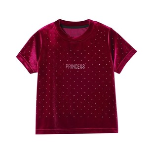 媛媛公主女童丝绒短袖T恤2025冬新款红色儿童烫钻圆领上衣小女孩
