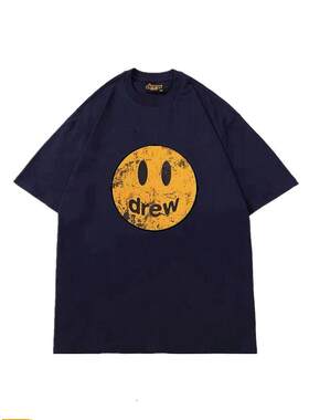 drew做旧笑脸短袖潮牌高街T恤男