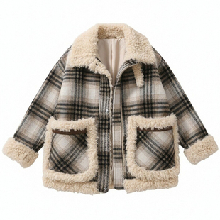 胖mm大码复古格纹拼接毛领棉服女冬季保暖羊羔毛加厚宽松显瘦外套