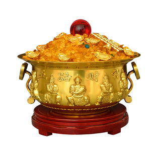 纯黄铜聚宝盆五路财神聚宝盆摆件家用财招装饰品办公室店铺开业礼