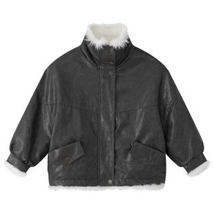 萌校长款女童PU皮正反两穿皮草外套儿童机车服冬季新男童夹克皮衣