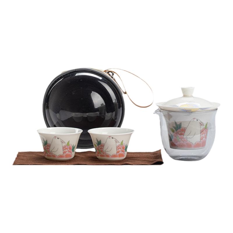 玉兔羊脂玉瓷旅行茶具快客杯