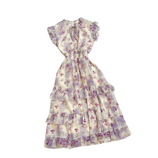 春夏法式气质立领飞飞袖收腰显瘦a字荷叶边碎花雪纺连衣裙短裙女