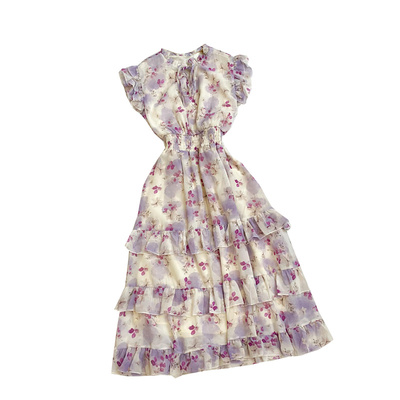 立领碎花飞飞袖雪纺连衣裙短裙