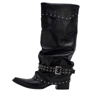 Mollynne原创设计长筒靴女款朋克风黑色中筒时装靴女尖头堆堆靴子