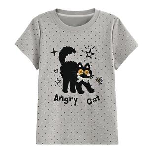 森女部落猫咪系列甜美风波点刺绣设计感短袖T恤女新款宽松上衣夏