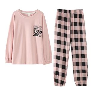 100%纯棉加厚红色睡衣女款2025新款秋冬季外穿宽松圆领格子家居服