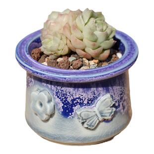 包邮新品帽檐冰裂蝴蝶印章窑变流釉粗陶透气盆手工捏花群生盆控型