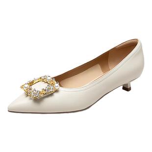 natursun女鞋春季休闲百搭细跟名媛气质不累脚钻扣黑色尖头单鞋