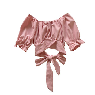 设计感辣妹一字肩系带蝴蝶结泡泡袖短袖高腰修身短款衬衫上衣女