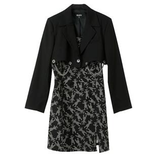 ibudu2025春季新款两件套西装外套提花吊带裙短裙套装女