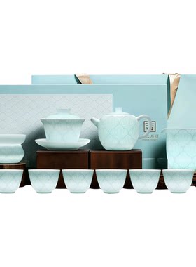 中式影青玉瓷浮雕功夫茶具礼盒装