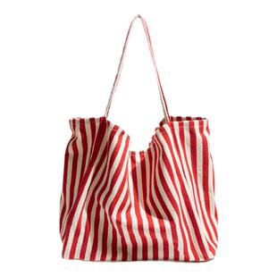格调studio韩系文艺风帆布红色包包女款条纹单肩包慵懒百搭托特包