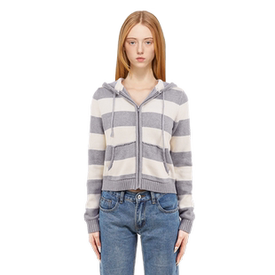 BM针织开衫女2026新款春秋条纹短款连帽拉链修身显瘦百搭长袖外套