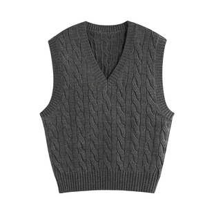 pusumede 灰色V领麻花毛衣马甲女春百搭叠穿坎肩羊毛针织背心上衣