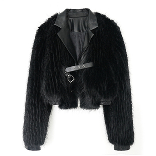 STN辣妹黑色短款皮毛外套2025新款冬季水貂毛加厚环保皮草夹克女