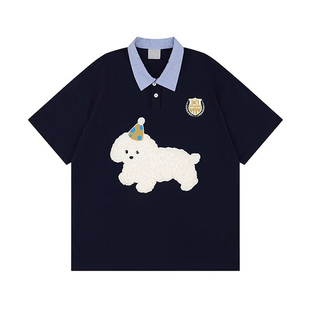 大码女装日系可爱小狗刺绣POLO领短袖t恤女胖mm独特漂亮半袖上衣