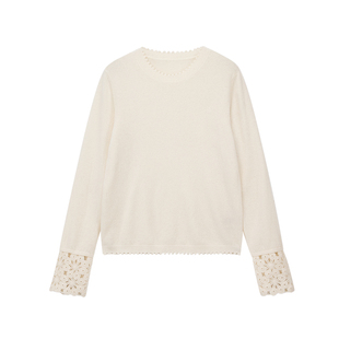 PRE PREWORKS手工镂空钩花芽边圆领针织衫100%绵羊毛针织打底衫