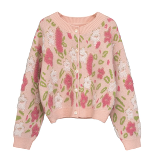 【花心思】女童针织开衫外套秋冬甜美撞色花朵保暖短款毛衣针织衫
