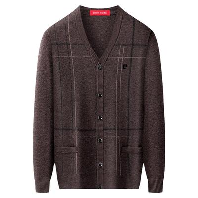 皮尔卡丹羊绒开衫男v领毛衣外套