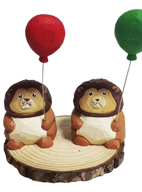 小狮子摆件纯手工实木雕刻办公室桌面小摆件生日礼物可爱治愈风