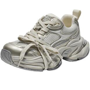 百丽女鞋子厚底银色老爹鞋新款运动增高休闲鞋子B2798CM5