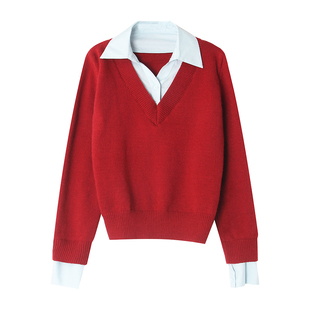 设计感假两件衬衫领拼接毛衣女韩系2026年春装流行过年红色针织衫