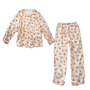 A类100%纯棉纱布ins风圆领小熊睡衣女春秋长袖宽松大码家居服套装