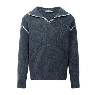 LILY2025冬新款女装含羊毛格雷系撞色连帽宽松通勤套头针织衫毛衣