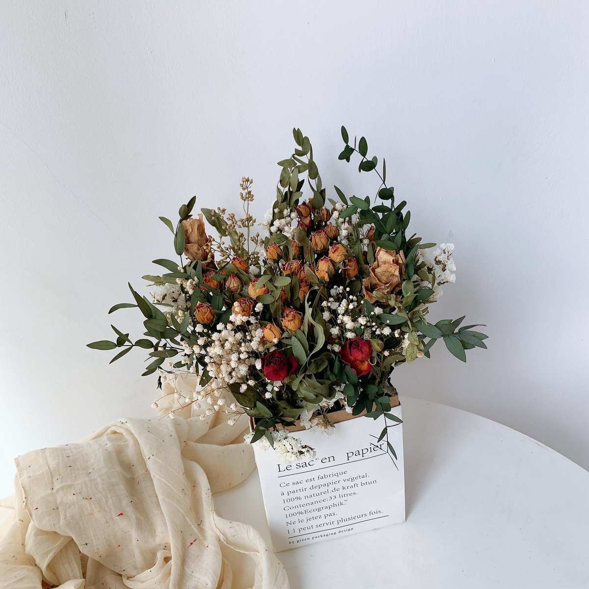 复古天然真花干花花束混搭满天星枯黄玫瑰原野做旧风家居装饰摆件