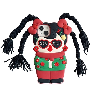 东北大花袄辫子女孩适用iphone15ProMax手机壳苹果15新款14可爱13立体卡通12搞怪11女款14promax软硅胶保护套