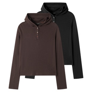 THESOONG/秋冬轻薄100%纯羊毛经典亨利领黑色连帽长袖打底衫7430