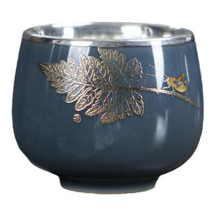 纯银999银杯子水杯陶瓷包银功夫茶具品茗杯主人杯女中式汝窑茶杯